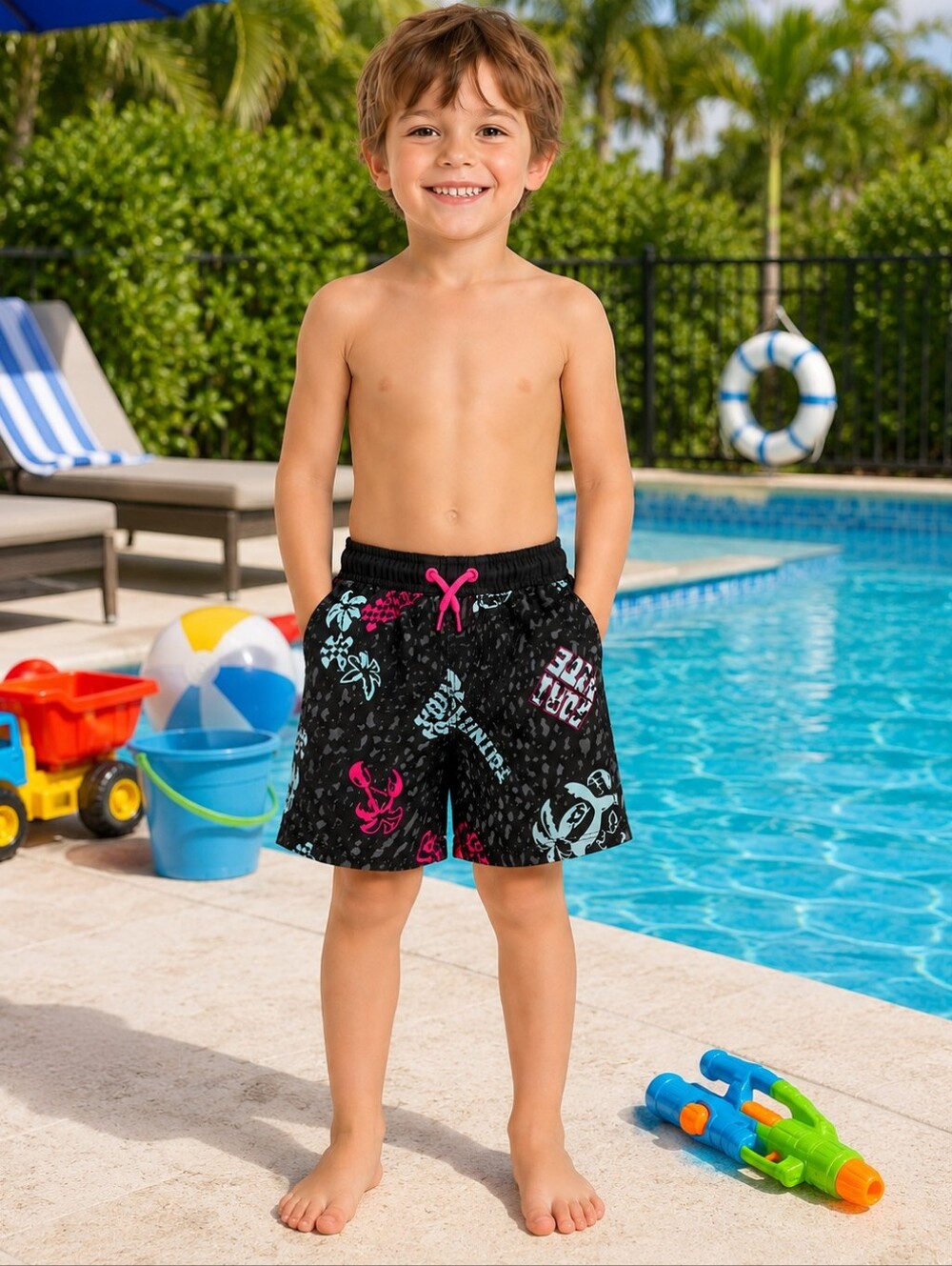 FORTNITE Boys Black Graphic Swim Trunks with Pink & Aqua Accents SIZE XS 4-5 NWT